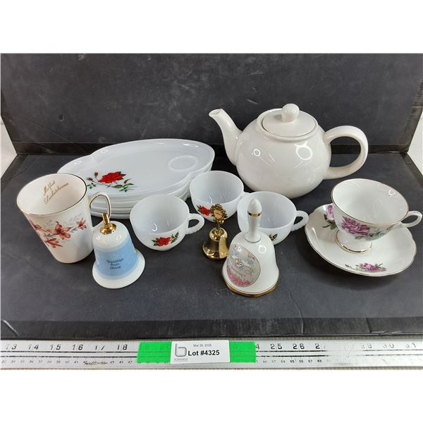 Milk Glass Tea Cups & Serving Trays,  Ceramic Tea Cup & Saucer, Tea Pot, Souvenir Bells -PICK UP