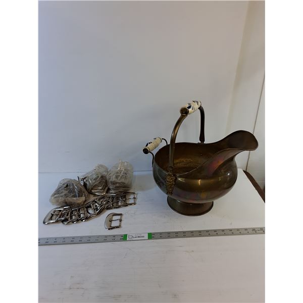 Vintage Brass Coal Scuttle w/Ceramic Handles - 16" Tall -  Misc. Belt Buckles
