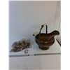 Image 1 : Vintage Brass Coal Scuttle w/Ceramic Handles - 16" Tall -  Misc. Belt Buckles