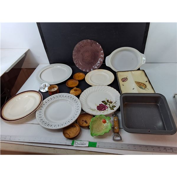(5) Plates, Cake Pan, Bottle/Can Opener, Misc - PICK UP