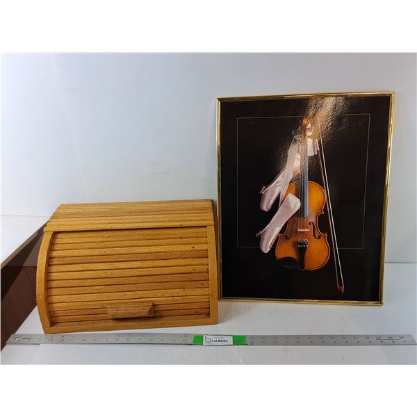 Framed Violin Print 20.25" x 16.25" & Wooden Breadbox- Cannot Ship
