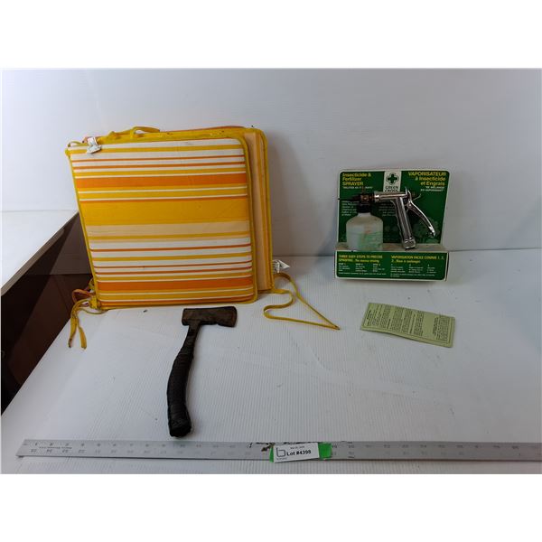 (3) Seat Cushions, 12" Hatchet, Insecticide Sprayer