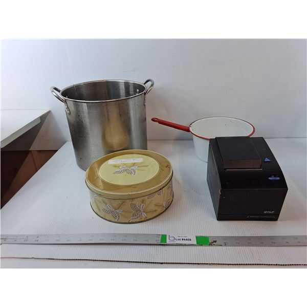 Stainless Steel Pot 10" Tall, Enamel Pot, Receipt Printer- As Is, Cake Tin - PICK UP