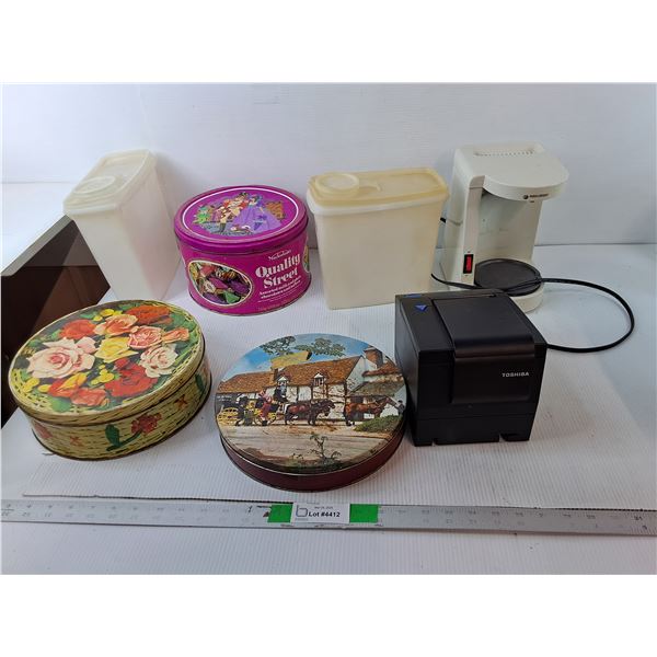 Black & Decker Coffeemaker- Powers On, Toshiba Receipt Printer- As Is, Chocolate Tins, Misc.