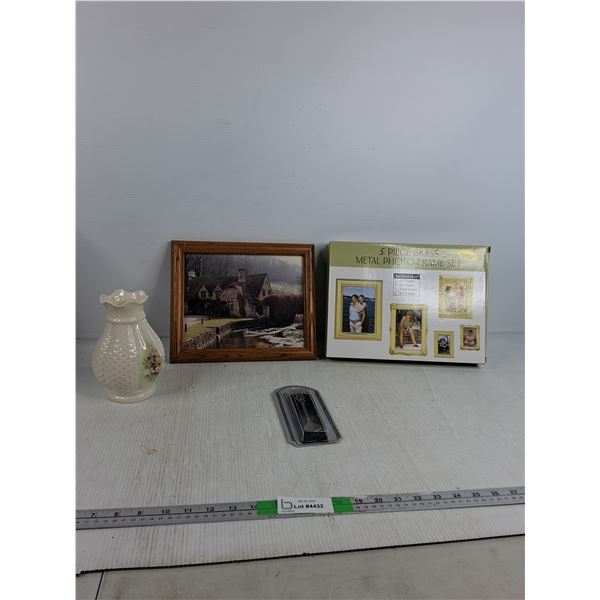 5 Piece Brass Photo Frame Set, Wooden Picture Frame, Vase