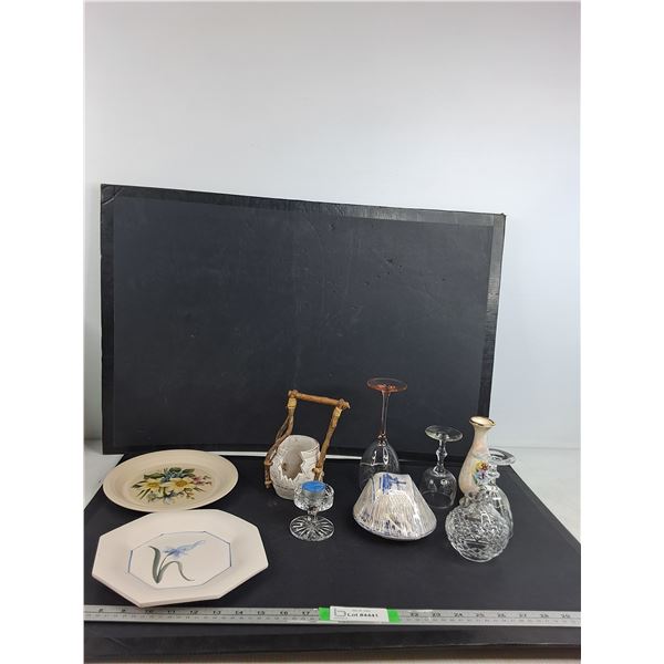 (2) Pottery Plates, Various Drinkware, Misc