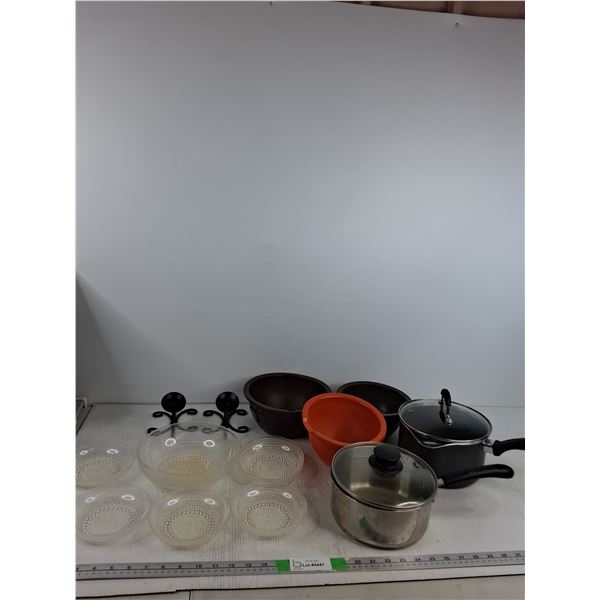 (2) Pots, Candle Holder, Plastic Bowls, Misc - PICK UP