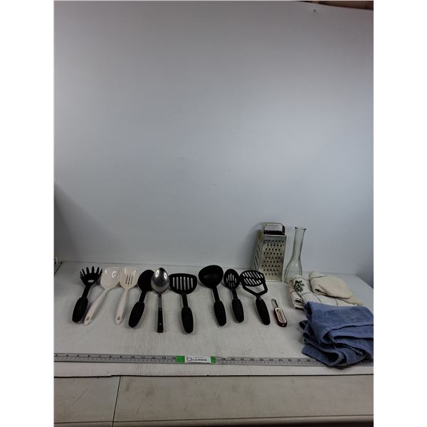 Various Kitchen Utensils, Cheese Grater, Vase, Dish Towels, Misc