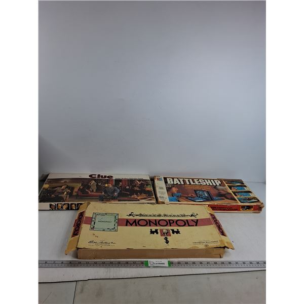 (3) Board Games- Monopoly, Clue, Battleship ( all as is)
