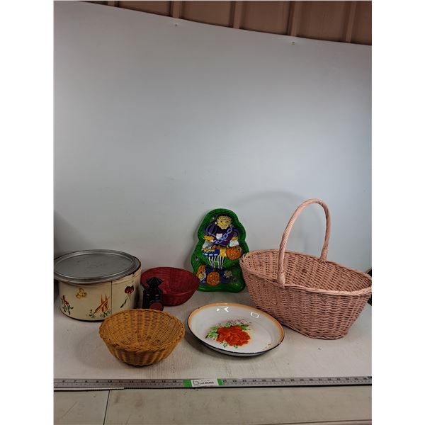 Pink Wicker Basket, Tin Pan, Tin Container, (2)Decorative Bowls - PICK UP