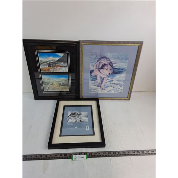 (3) Framed Wall Decor (17" x 15" Wolf Print, 13" x 17" Mountain Railroad, 11" x 14" Family Photo)