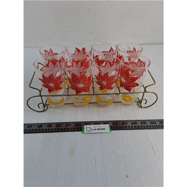 Set of 8 "Poinsettia" Glasses in Metal Sleigh Tray
