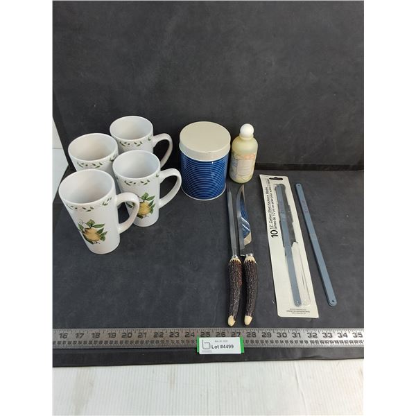 Set of 4 Tall Mugs, Bone Handle Knife Set, 12" Hacksaw Blades, Storage Tin, Lotion - Cannot Ship