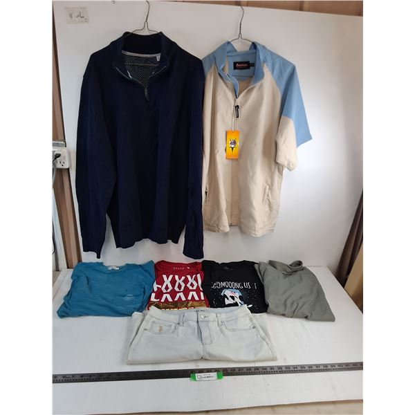 Asst Clothing - Shirts (Golf XL, S,M,L Tees, M Turtleneck), XXL Sweater, Polo Size 10 Jean Shorts