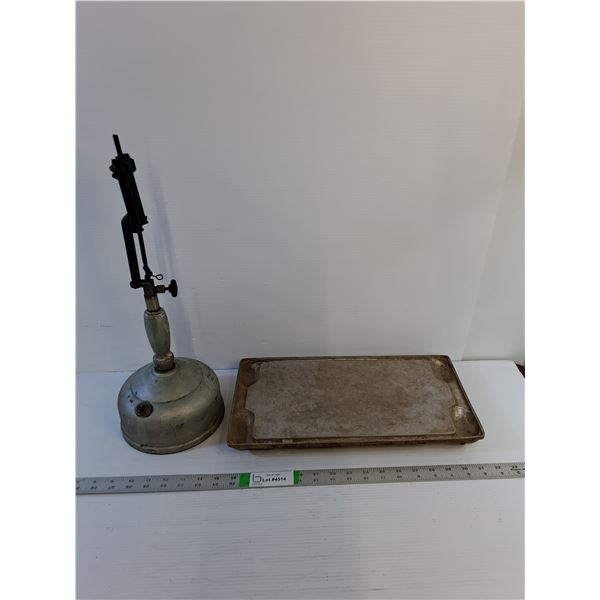 Vintage Coleman (2) Aluminum Camping Griddle 16" x 8 1/2"/ Oil Lamp (Quick Lite Two Mantle - 19" T)