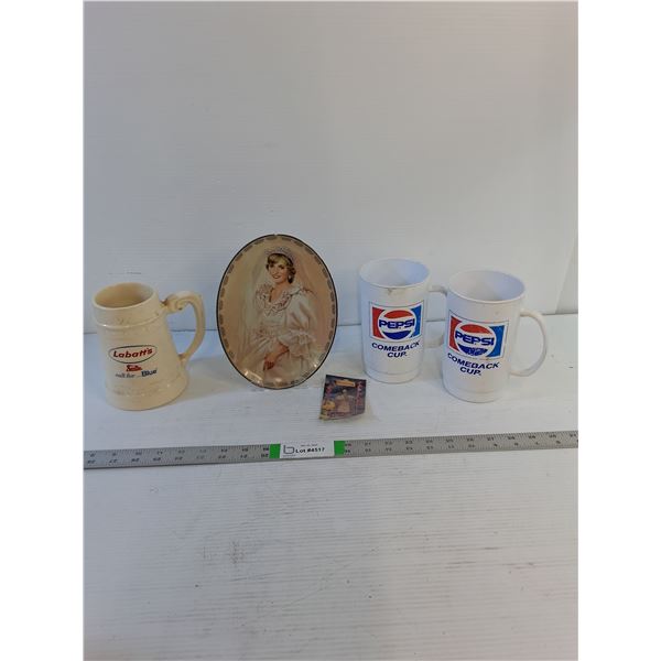 Assorted Vintage  - Labatts Ceramic Mug - Princess Diana Plate (1997) - Plastic Pepsi Mugs
