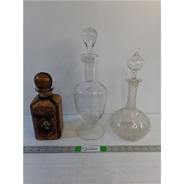 (3) Glass Decanter  - Vintage Hand-Tooled Italian Leather, Krosno Crystal Decanter 16" - PU