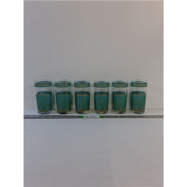 (6) Vintage Dominion Glass Tumblers - Turquoise Blue w/Gold Abstract