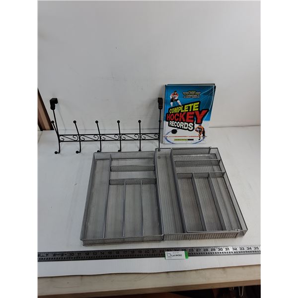 (2) Metal Cutlery Trays - 1 Expandable, Metal Door Mount Clothing Rack, Complete Hockey Records Book