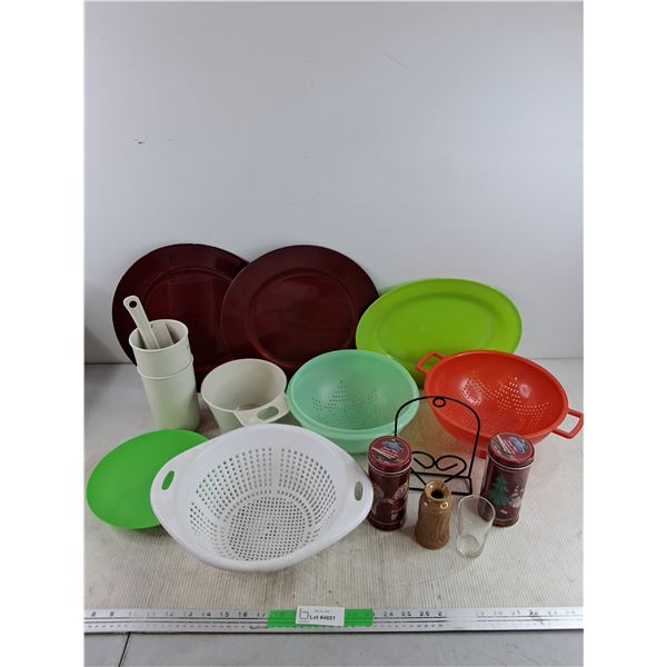 Plastic Plates, Strainers, Ceramic Vase, Wire Napkin Holder,  Royal Dansk Cans, Misc