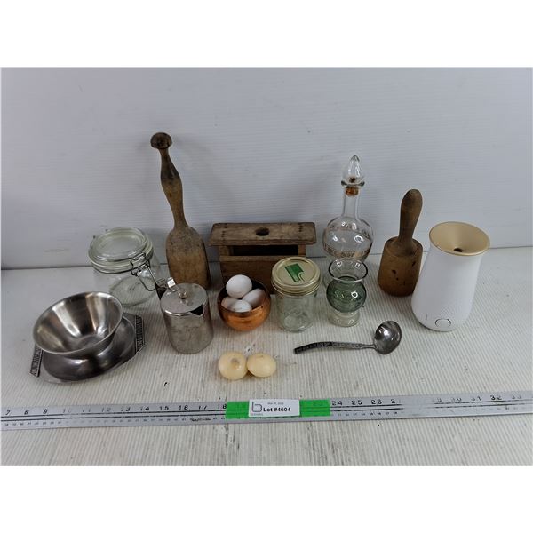 Glass Jar, Candles, Steel Creamer, Glass Decanter, Misc