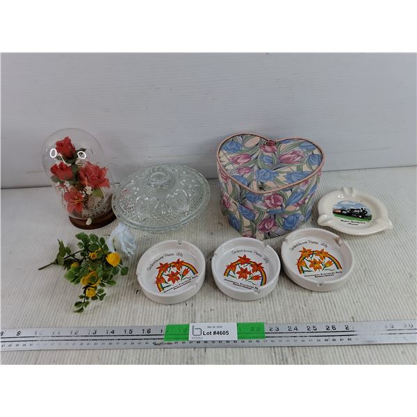 Saskatchewan Prairie Lily & WDM Ceramic Ashtrays, Glass Bowl w/Lid, Heart Shaped Box, Misc