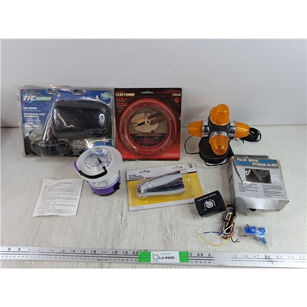 Car Mirror, LED Lantern, Pulse Wiper Control, 12V Emergency Light, Tub Spout, Band Saw Blade