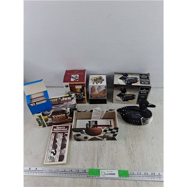 Motorized Revolving Photo Cube - As Is, The Looney Bank, Trivia Game Multi Sport Edition - As Is