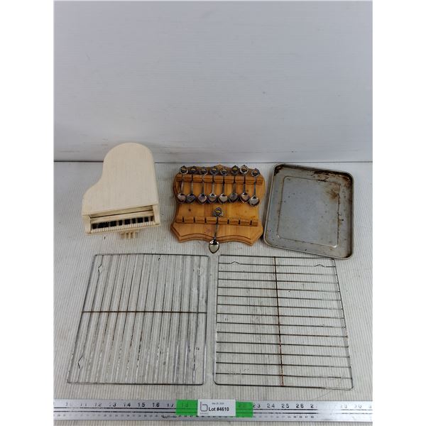 Silver Souvenir Spoons w/Display Rack, Piano Style Jewelry Box, Baking Tray 10" x 7", Misc