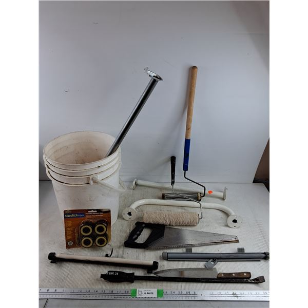 Handsaw, 24" Pry Bar, Paint Rollers, Kitchen Knife, Towel Racks, Misc