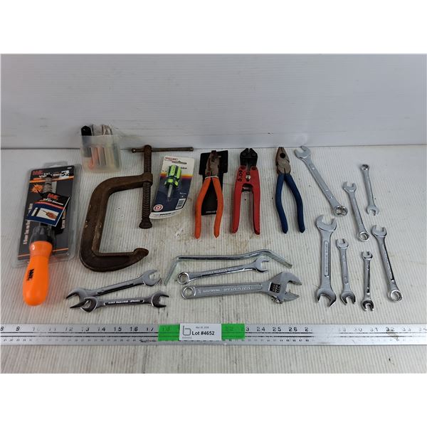 Wrenches, 6" C Clamp, Pliers, Viper Driver, Bolt Cutter, Misc