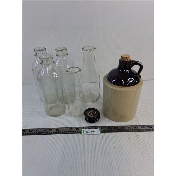 Stoneware Jug, (5) Glass Milk Bottles, Set of 4 Floor Protectors - PICK UP