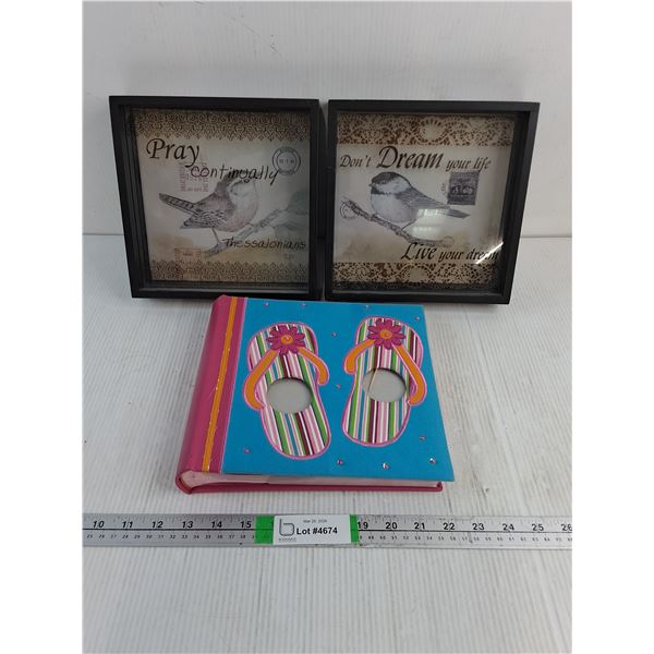 (2) Decorative Wall Art Frames (8.5"x8.5")with Bird Illustrations and Flip Flop Memories Album
