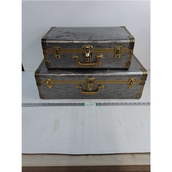 (2) Vintage-Style Gray Metal Suitcase with Brass Colored Accents Large is 24"x12"x7" Small 18"x10"x6