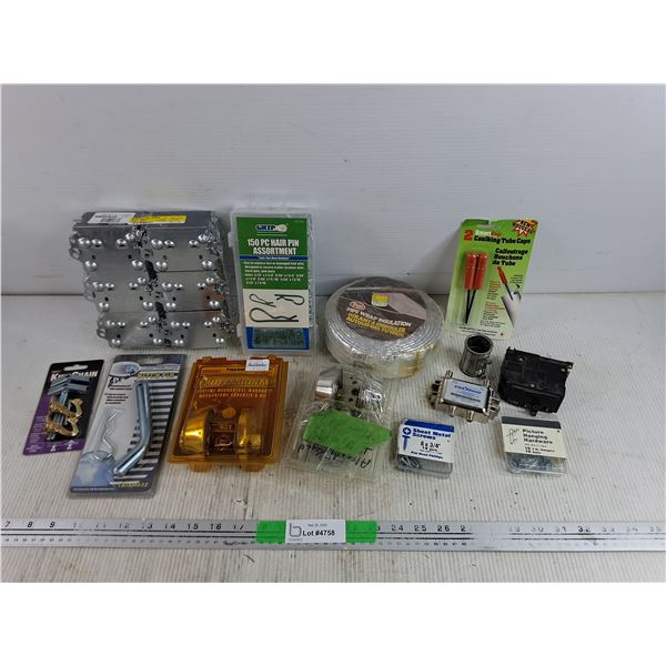 150 pc Hair Pin Assortment, Caulking Tube Caps, Hitch Pin, Circuit Breaker, Ceiling Hook, Misc