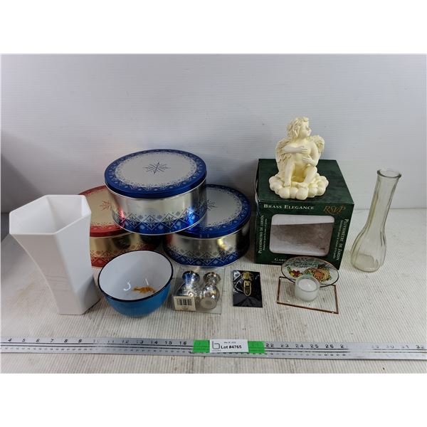 Enamel Bowl, Salt & Pepper Shakers,  Garden Angel Rain Gauge, Vases, Misc