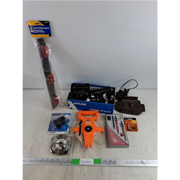 Power Fist LED Mini Identification Light Bar, Measuring Tapes, Plumbing Couplers, Math Set, Misc