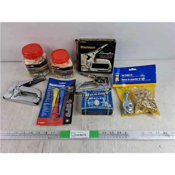 Compressed Wood Biscuits, Mastercraft Nail Set, Stapleguns, Tarp Repair Kit, Staples