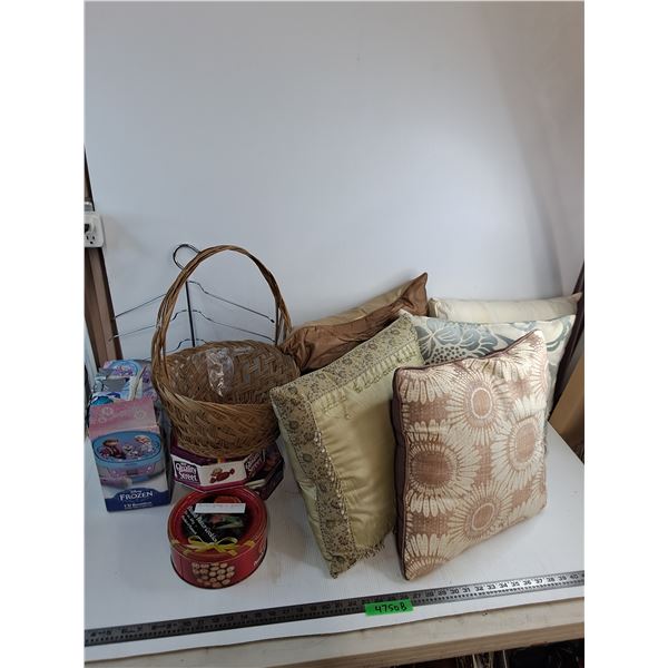 * Assorted Throw Pillows, Multi-Hanger, Empty Tins, Wicker Basket - PICK UP ONLY