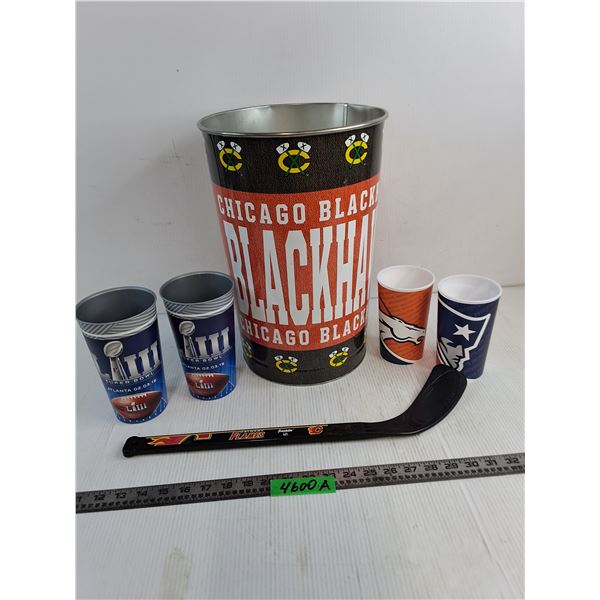Chicago Blackhawks Garbage Can, (4) NFL Collectable Plastic Cups, Calgary Flames Mini Stick