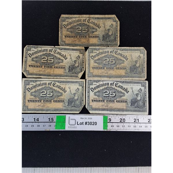 (5) Vintage Canadian 25-Cent Banknotes-"Shinplaster" -1900