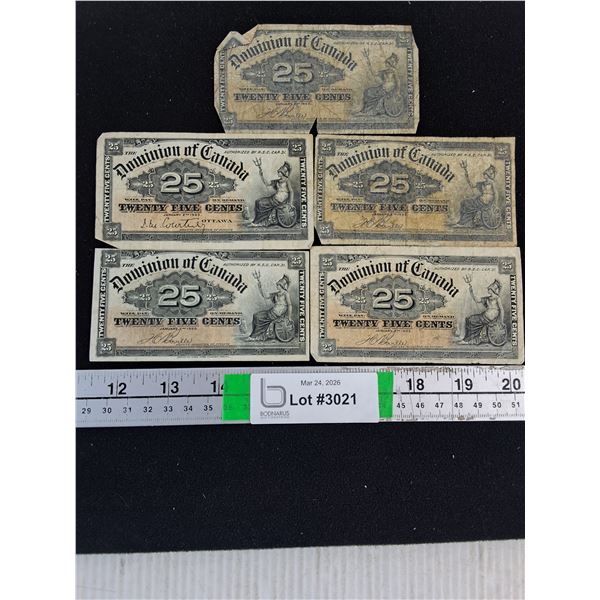 (5) Vintage Canadian 25-Cent Banknotes-"Shinplaster" -1900