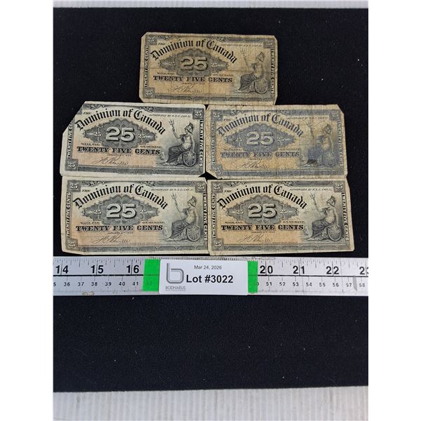 (5) Vintage Canadian 25-Cent Banknotes-"Shinplaster" -1900