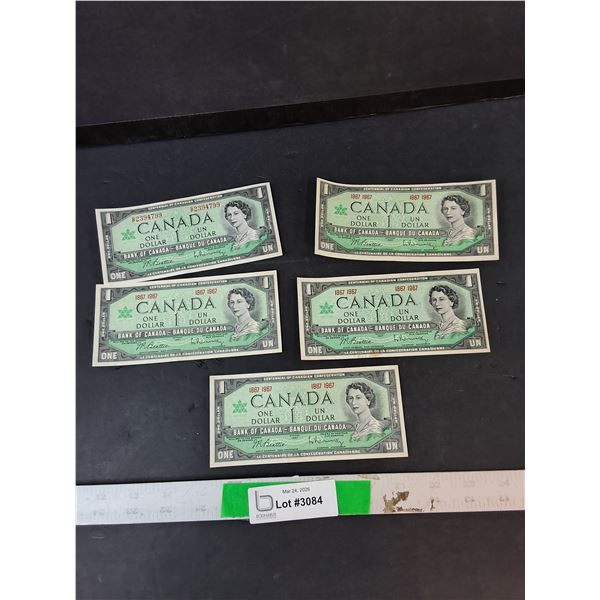 (5) Canadian Centennial One Dollar Bills- 1967