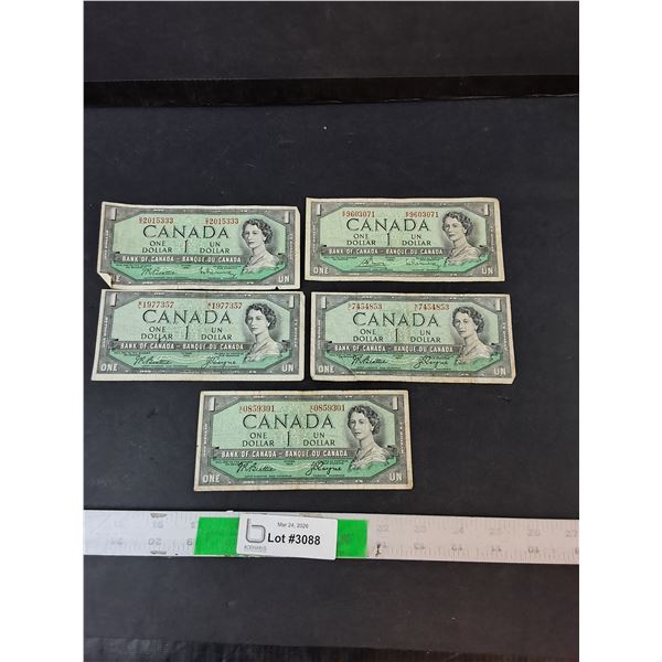 (5) Canadian One Dollar Bills- 1954