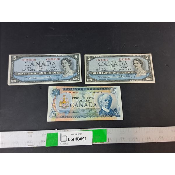 (3) Canadian Five Dollar Bills- 1954 & 1972