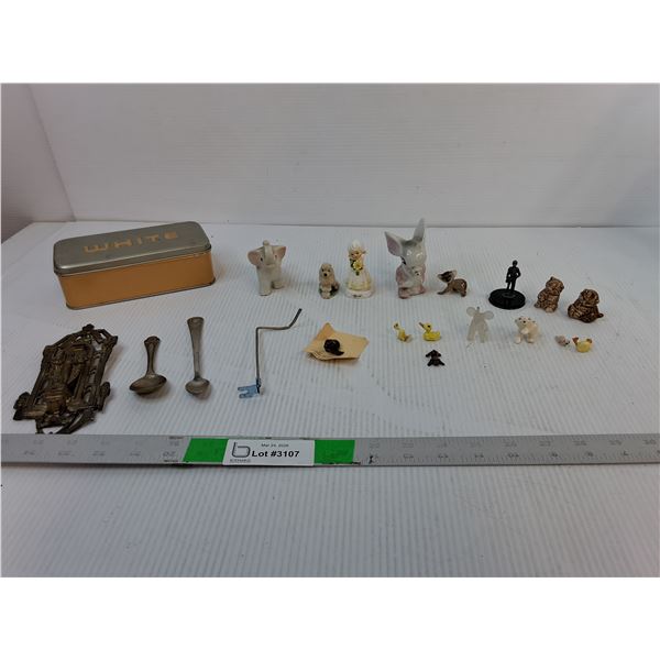 Ceramic Animal Figurines- Some Chips, Vintage Sewing Attachments Tin, Holy Water Font, Misc.