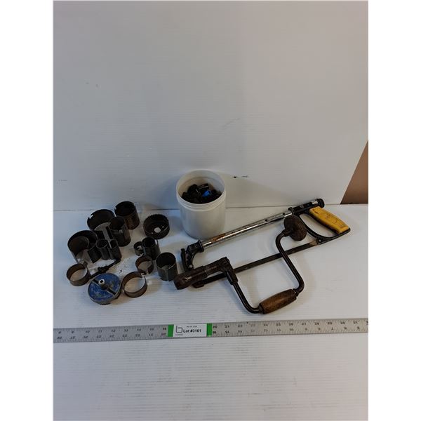Assorted Tools - Hacksaw,  Hole Saw Blades,  Wire Connectors, Vintage Hand Drill - PICK UP