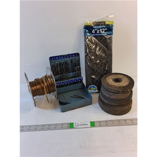 Assorted  - Floor Register, (5) Grinder Stones, Drill Bit Set (Partial),Spool Speaker Wire as is -PU