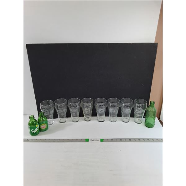 Vintage Glassware  - Bottles (7-Up, Sprite, Canada Dry) NHL/Coca-Cola Glasses (8)